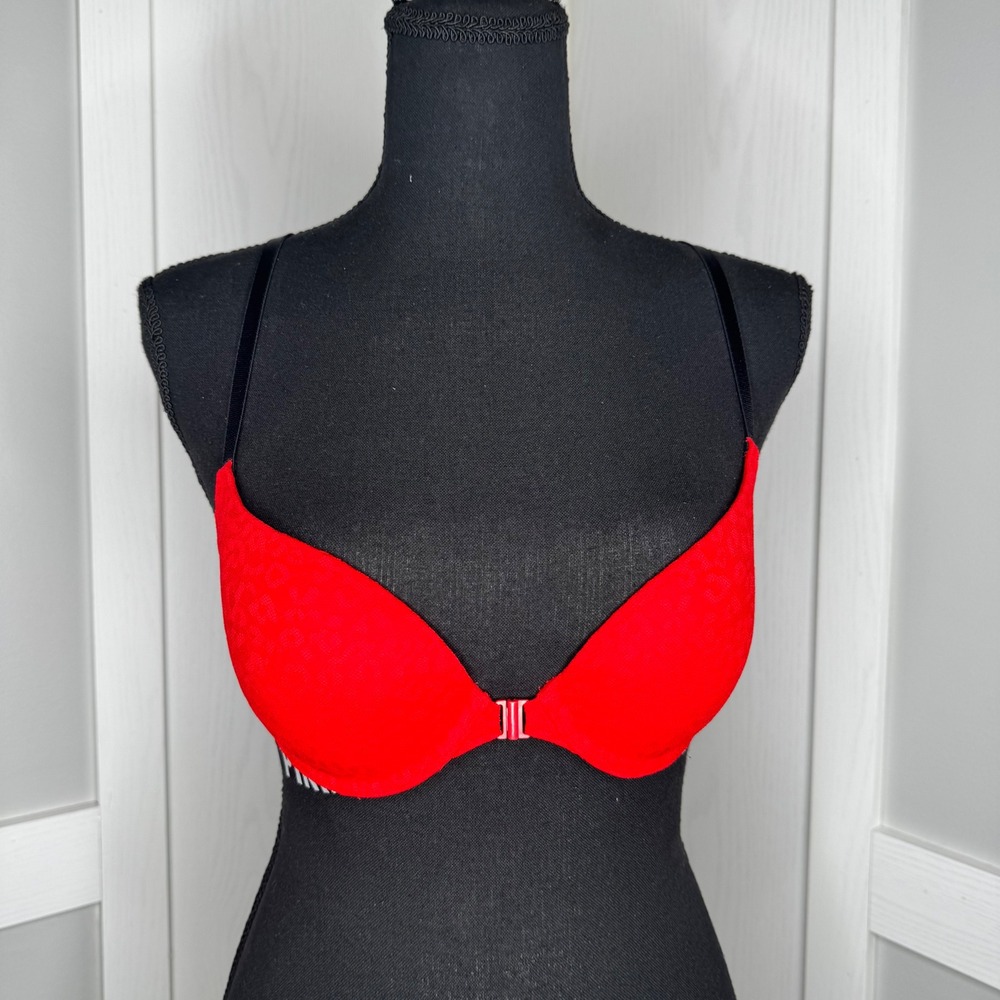 Victoria's‎ Secret PINK Push-Up Bra Women 32B Red Lace Front-Clasp Strappy 2713